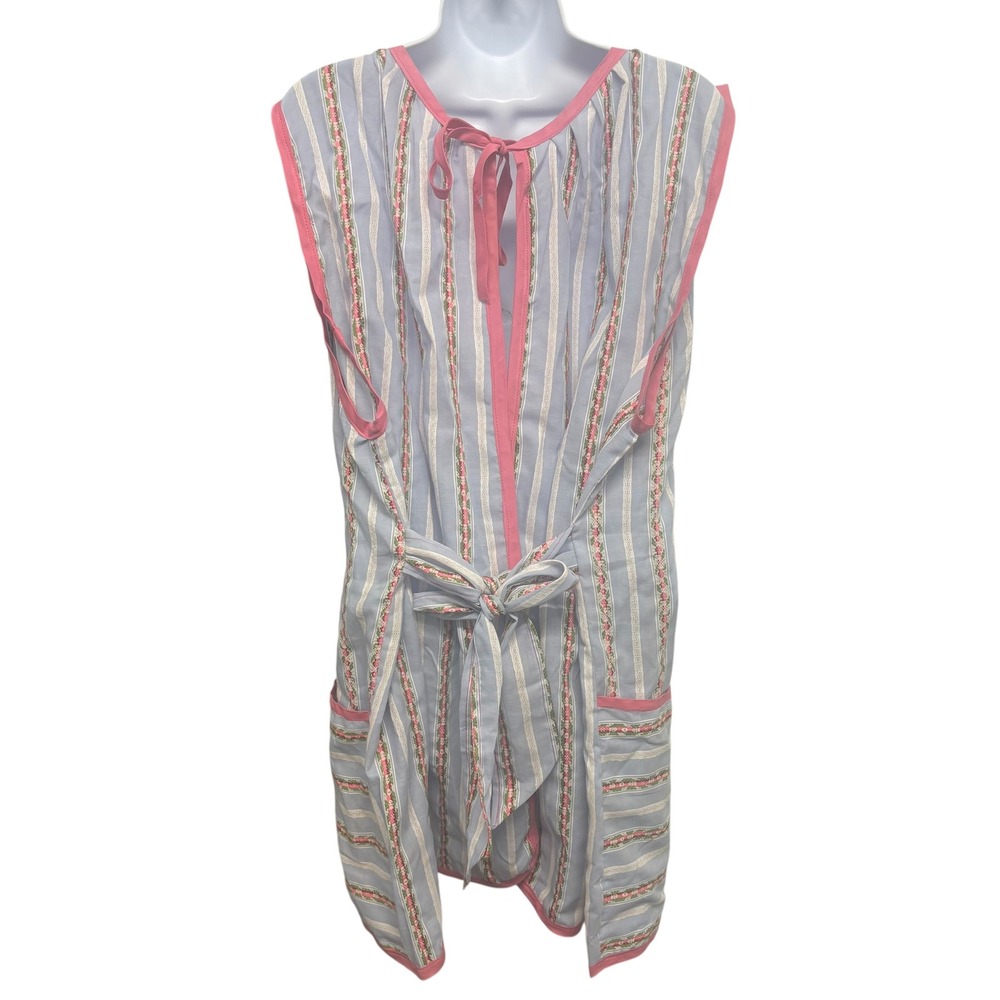 Vintage Blue Pink Floral Stripe Sleeveless Apron Dress Tie Back Pockets Retro - Picture 2 of 9